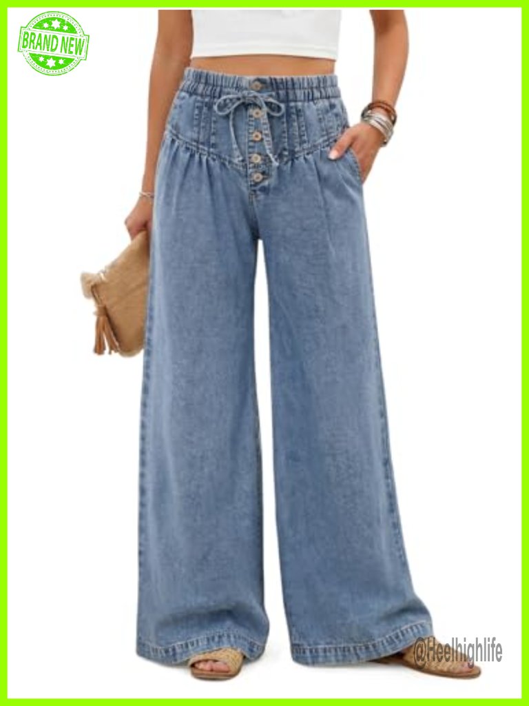 Wide Leg Baggy Jeans High Waisted Drawstring Palazzo Denim Pants With Pockets